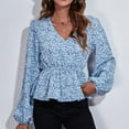 thumbnail image 2 of Print V Neck Wrap Top Lantern Long Sleeve Ruffle Hem Women Floral Print Wrap Blouse for Female Blue Dense Flower XL, 2 of 6