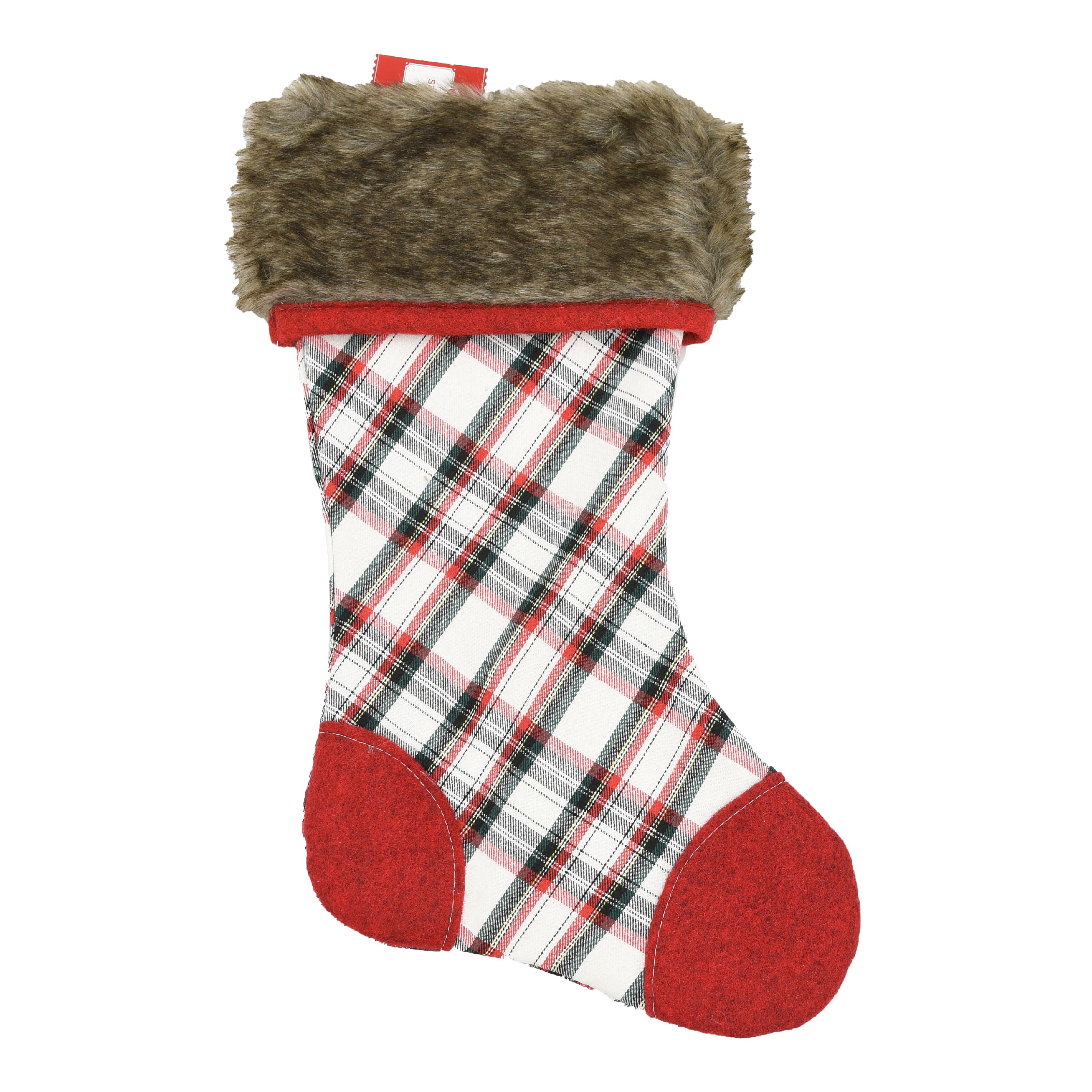 Holiday Time 20 In Plaid Stocking W/brn Fur Cuff