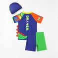 thumbnail image 5 of Rggeeun Boys Child Swimsuit Set 2Pc Cute Dinosaur & Cartoon Truck Pattern Short Sleeve Crew Neck Top & Elastic Waist Wide Leg Swim Trunks for Summer Pool Training Cozy Swimwear,Green,5-6 Years, 5 of 5