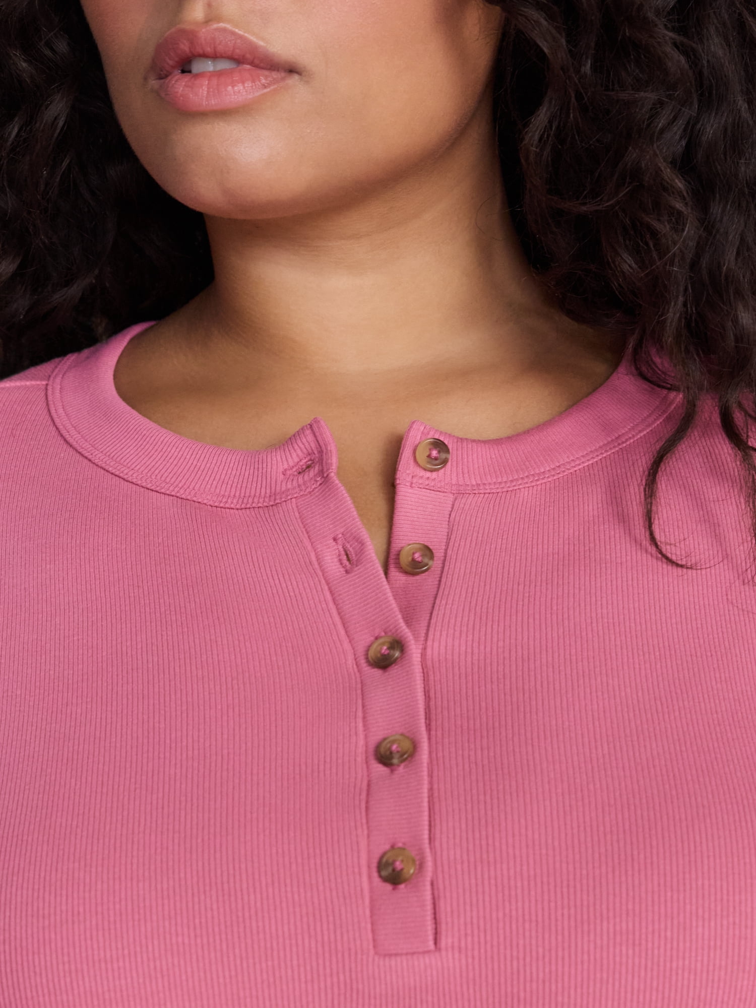 Terra & Sky Women's Plus Ribbed Henley Top with Short Sleeves, Sizes 0X-5X