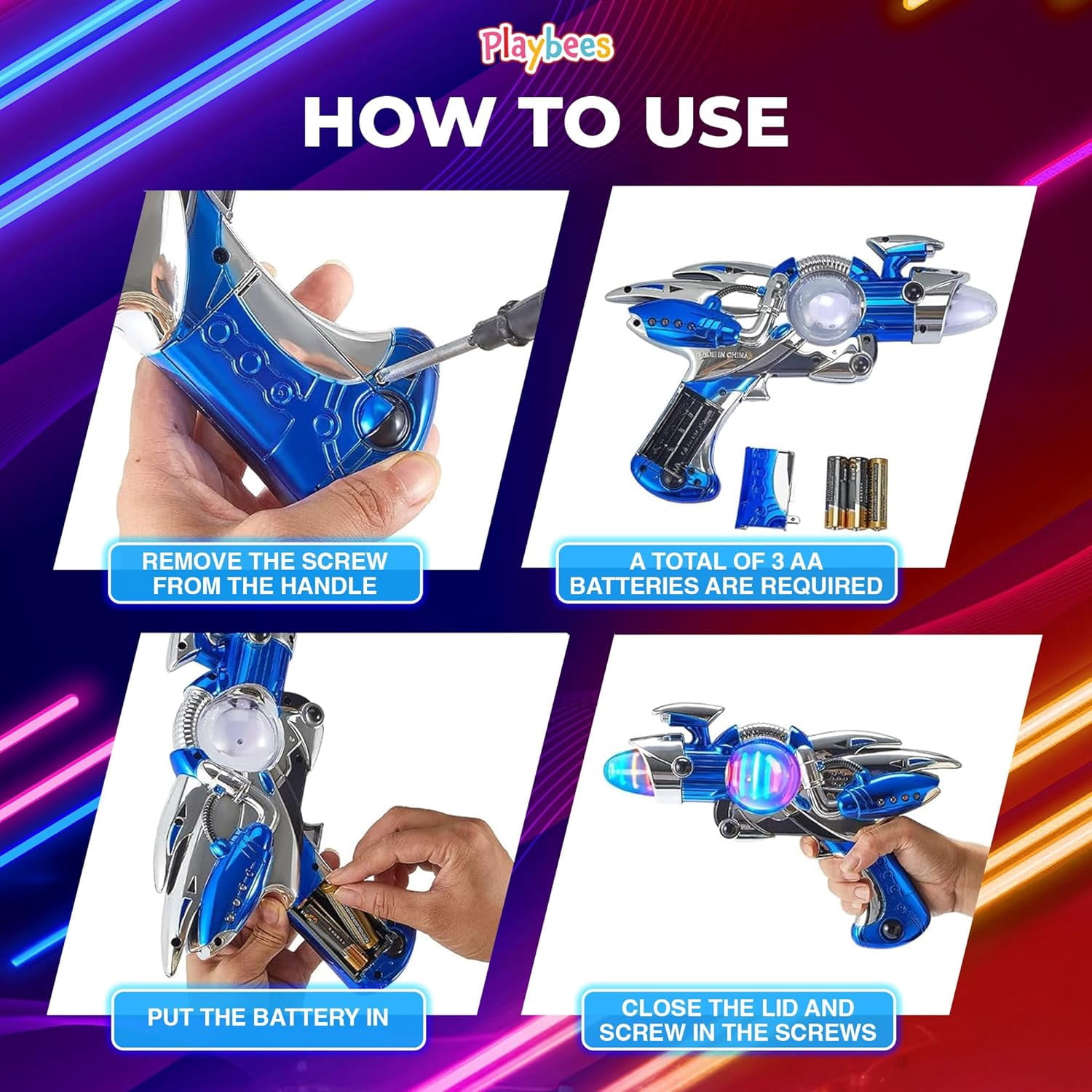 Playbees Light-Up Noise Blaster - Red & Blue 2 Pack - 11.5 Inches - Super Spinning Space Sound Effects with Futuristic Power Galaxy Ranger FX for Party Favor, Novelty, Bag Stuffer