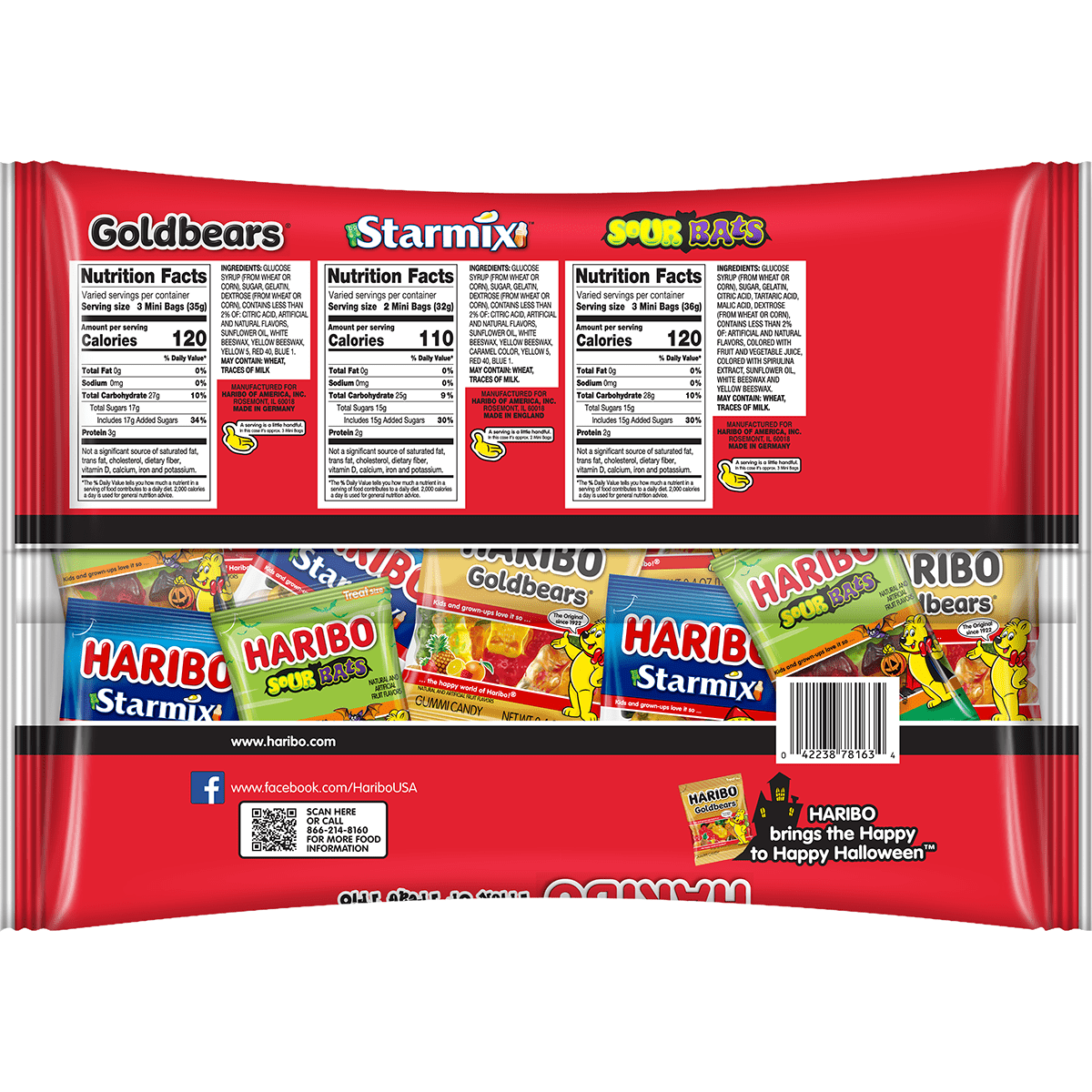 HARIBO Trick or Treat Trio Halloween Assorted Fruit Flavor and Shapes Gummy Candy, 18oz Bag, 45ct Mini Gummy Pouches