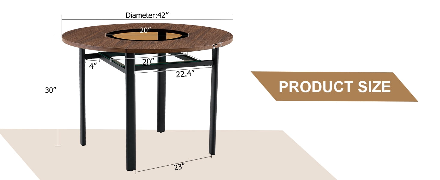 Mintazer 42 Inch Modern Wood Grain Round Dining Table with Tempered Glass Inlay and Storage Shelf, Minimalist Kitchen Table for 4-6 People, Walnut