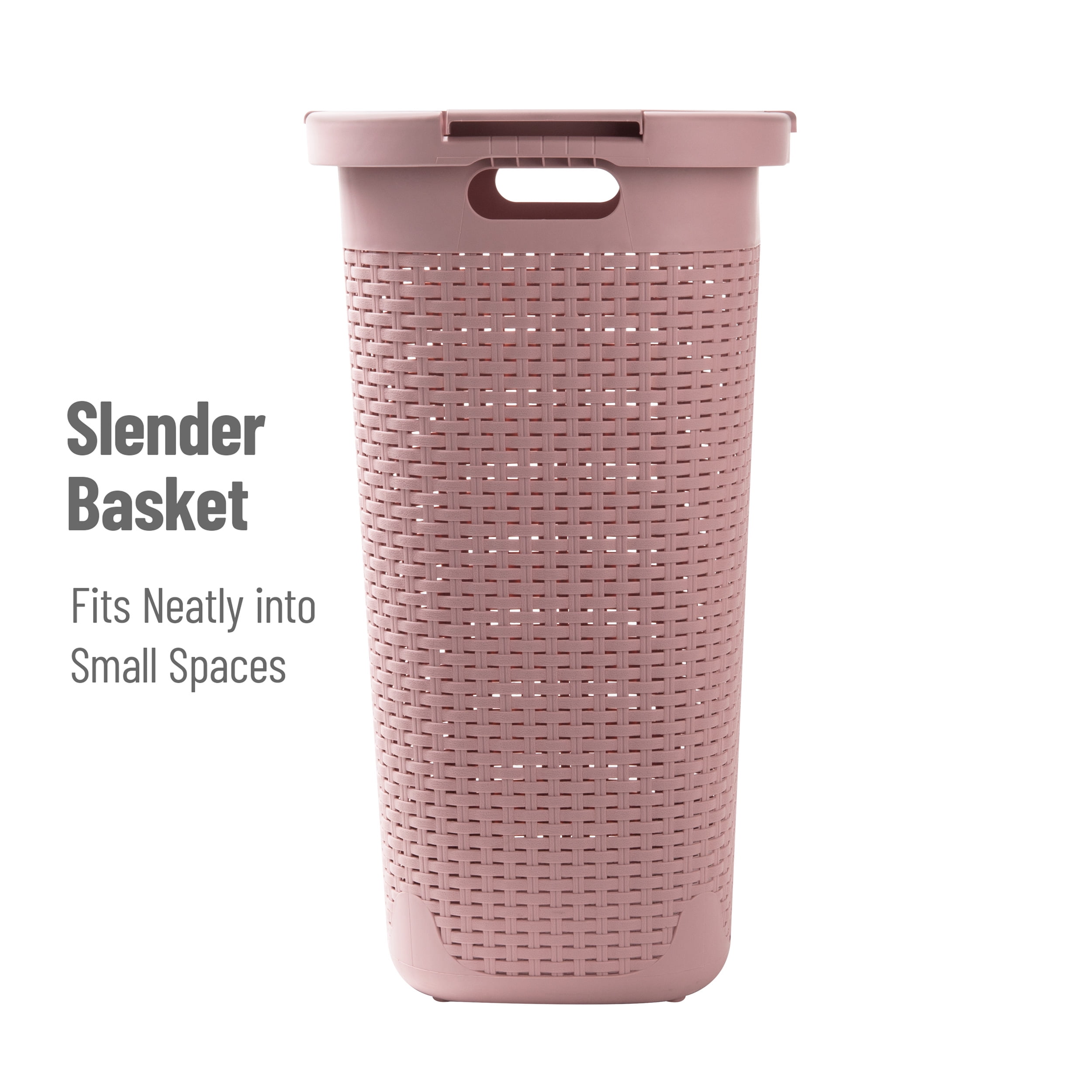 Mind Reader 60L Slim Laundry Hamper, Clothes Basket, Lid, Wicker Style, Plastic, 17.65"L x 13.75"W x 24.15"H, Set of 2, Pink