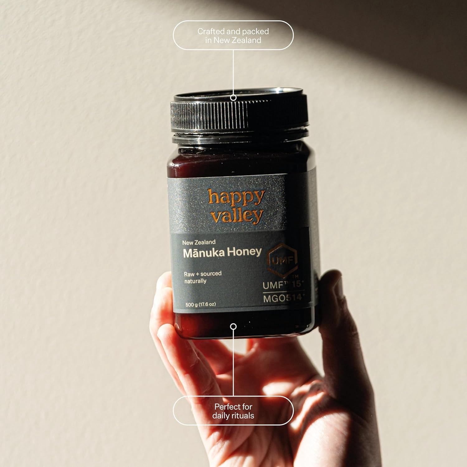 Happy Valley Manuka Honey - UMF 15+ (17.6oz, 500g) - Certified Raw New Zealand Mānuka - UMF 15+, MGO 514+