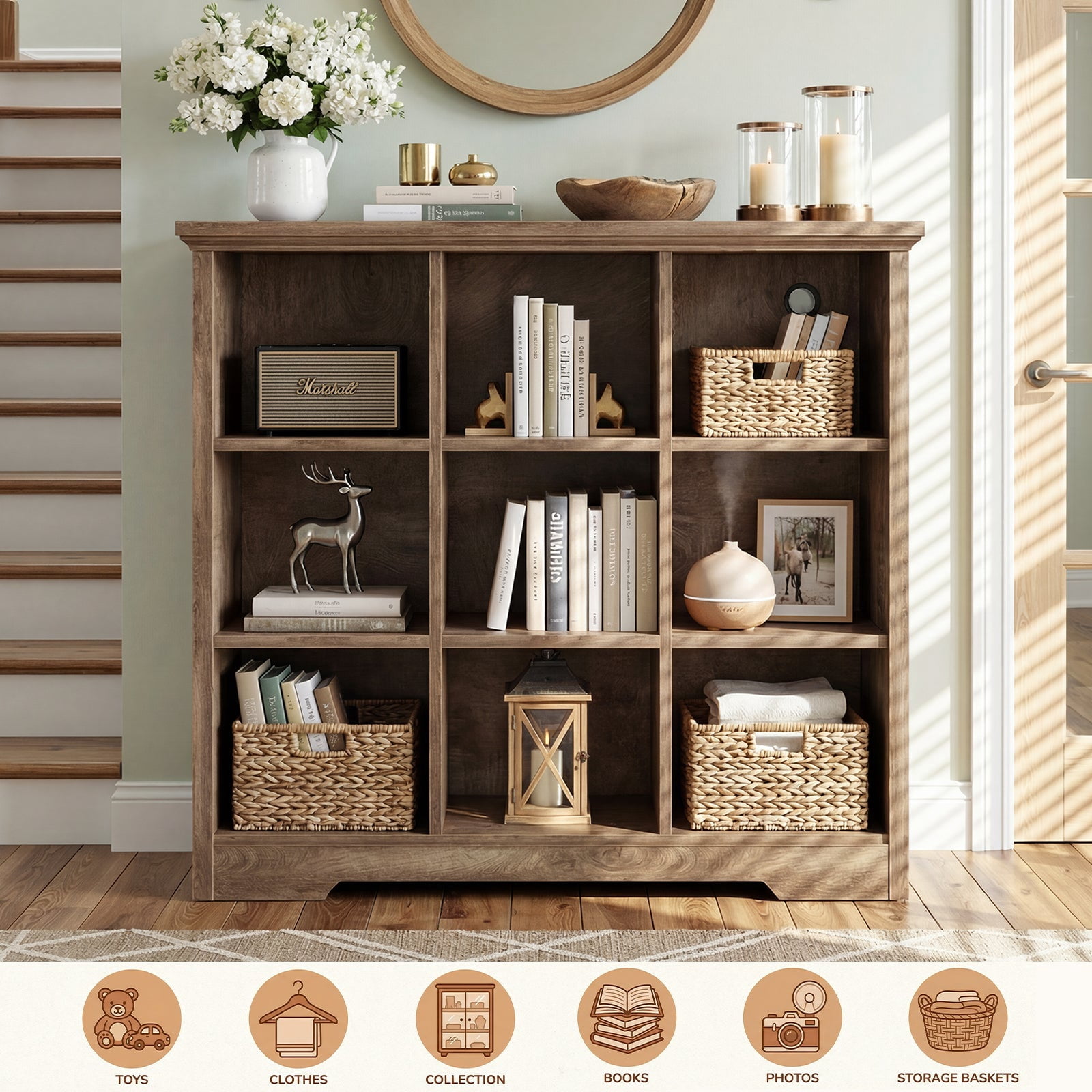 Homieasy 9 Cube Storage Organizer with Charging Station, 41'' Tall Wooden Cube Bookcase for Living Room, Bedroom, Brown Oak