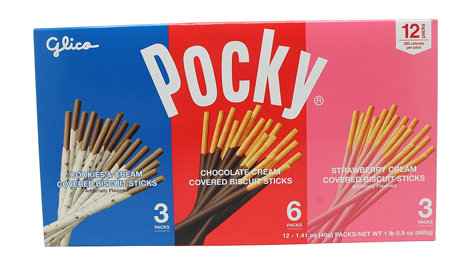 Pocky Chocolate Biscuit Sticks 3 Flavor Bundle, Cookies & Cream, Chocolate Cream, Strawberry Cream, 12 Count