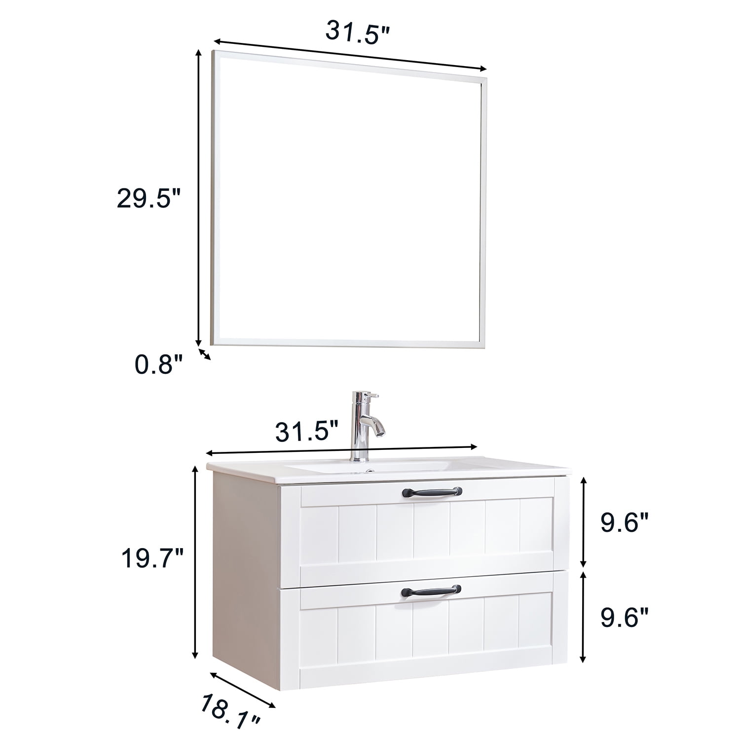 Demi Bonn 31" Wall-Mounted Bathroom Vanity with Decor Line Soft-Close Double Drawer, Basin and Mirror, Faucets and Drains Not Included, White