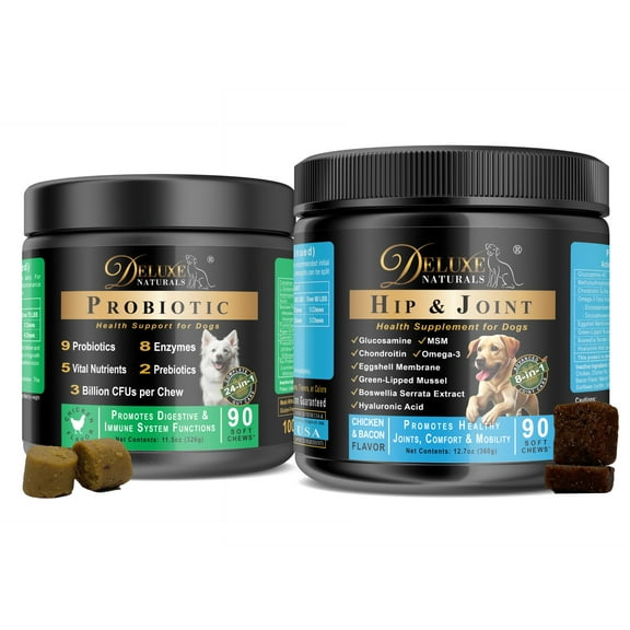 Deluxe Naturals 2-in-1 Dog Health Bundle – Probiotic Soft Chews & Hip and Joint Soft Chews – Digestive, Immune, Mobility & Joint Support for Dogs – 90-Count Each