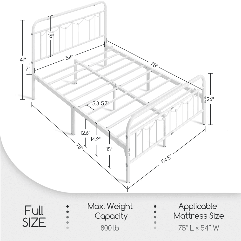 Alden Design Metal Platform Bed Frame for Adult with Vintage Headboard and Footboard, Full, White