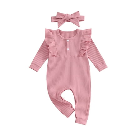 

Baby Girl Fall Outfit Long Sleeve Crew Neck Jumpsuit with Headband