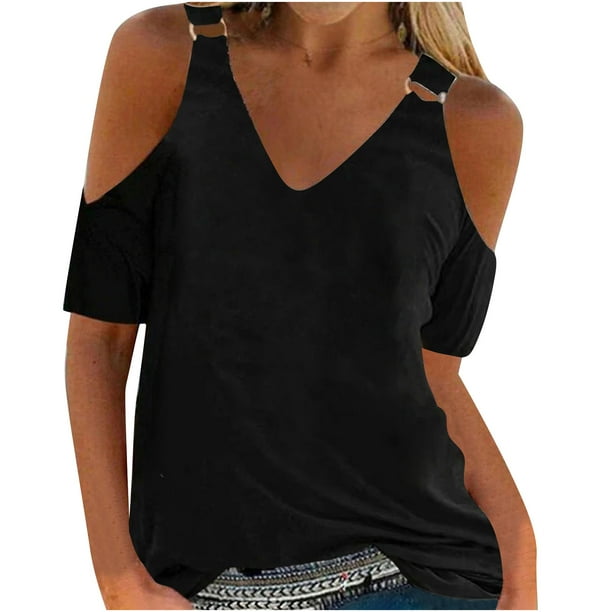 Camiseta sexy de verano para mujer, jersey con hombros descubiertos, blusa con cuello en V, camisetas sólidas de manga corta Fridja ghk4796