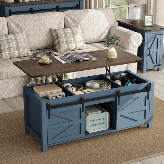 Top Coffee Table With Storage, Farmhouse Style, Blue Base With Dark Wood