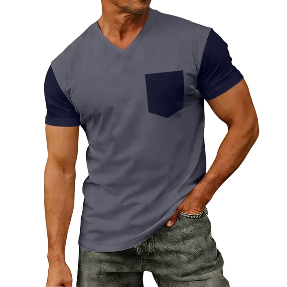 Fabrcox S-4XL Short Sleeve Shirt Men Big and Tall V Neck T Shirts for Man Color Block Athletic Sports Mens Summer Shirt with Pocket