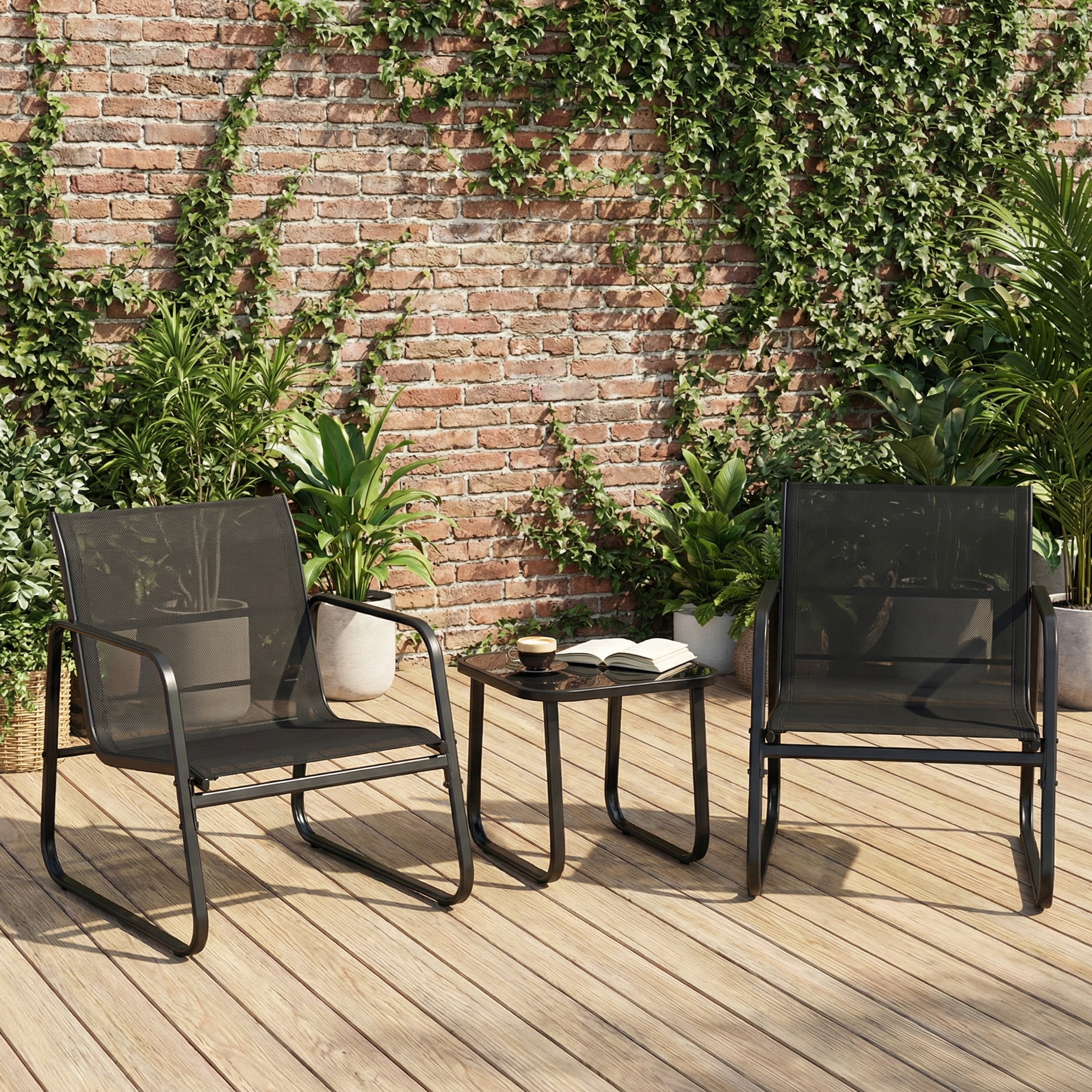 edx 3-Piece Textilene Outdoor Patio Set, Coffee Table & 2 Chairs, Black