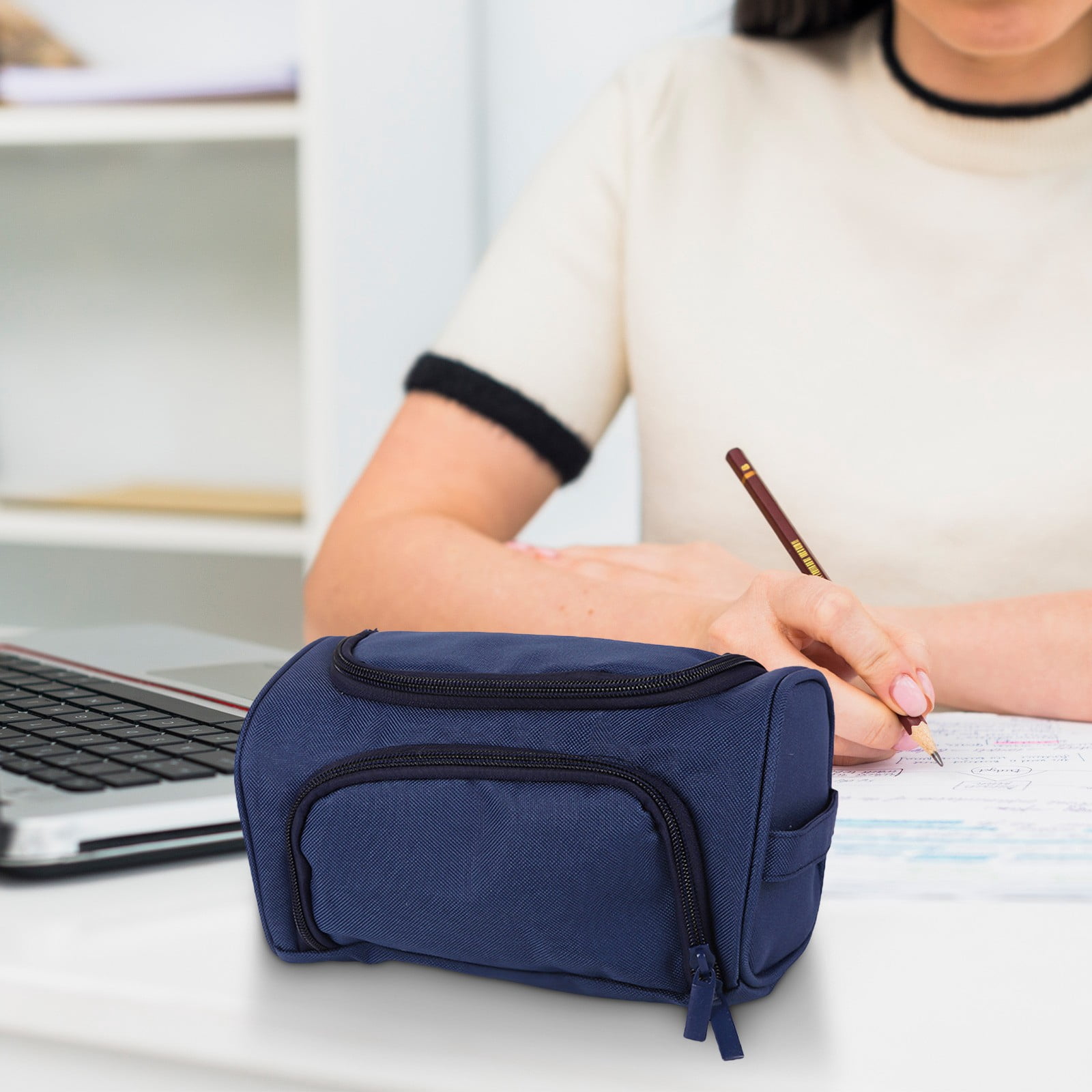 HengDidi Double-Layer Portable Pencil Bag with Side Storage and Carry Handle, Oxford Fabric Organizer for Stationery and Small Accessories