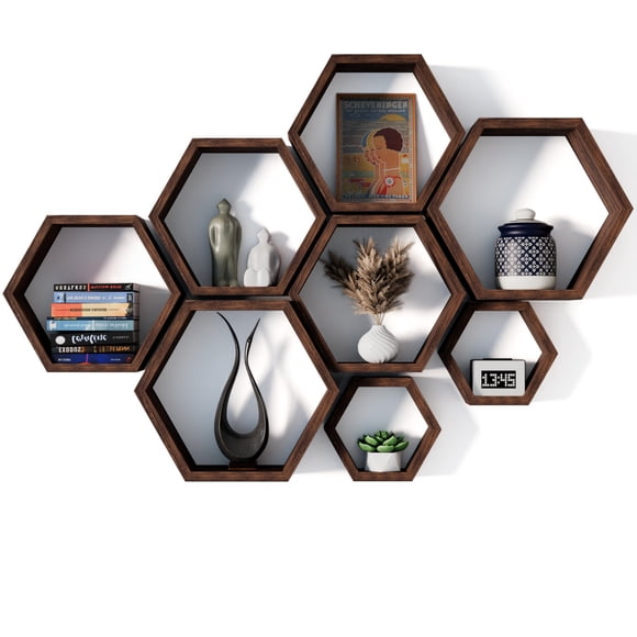 Decovate Hexagon Floating Shelves Set of 8 Honeycomb Shelves for Wall, Wooden Hexagon Shelves for Farmhouse Storage