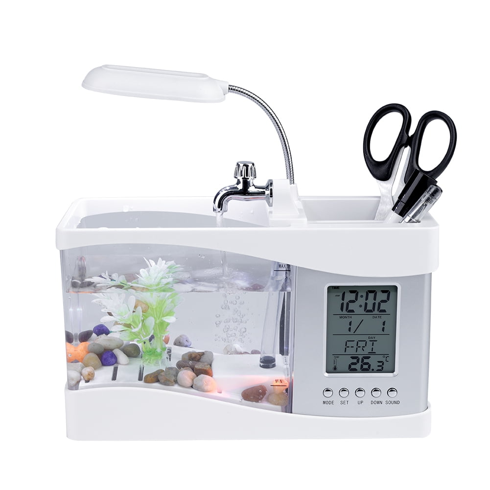 Multifunctional USB Rechargeable Mini Fish Tank Aquarium with Clock Function LED Light White