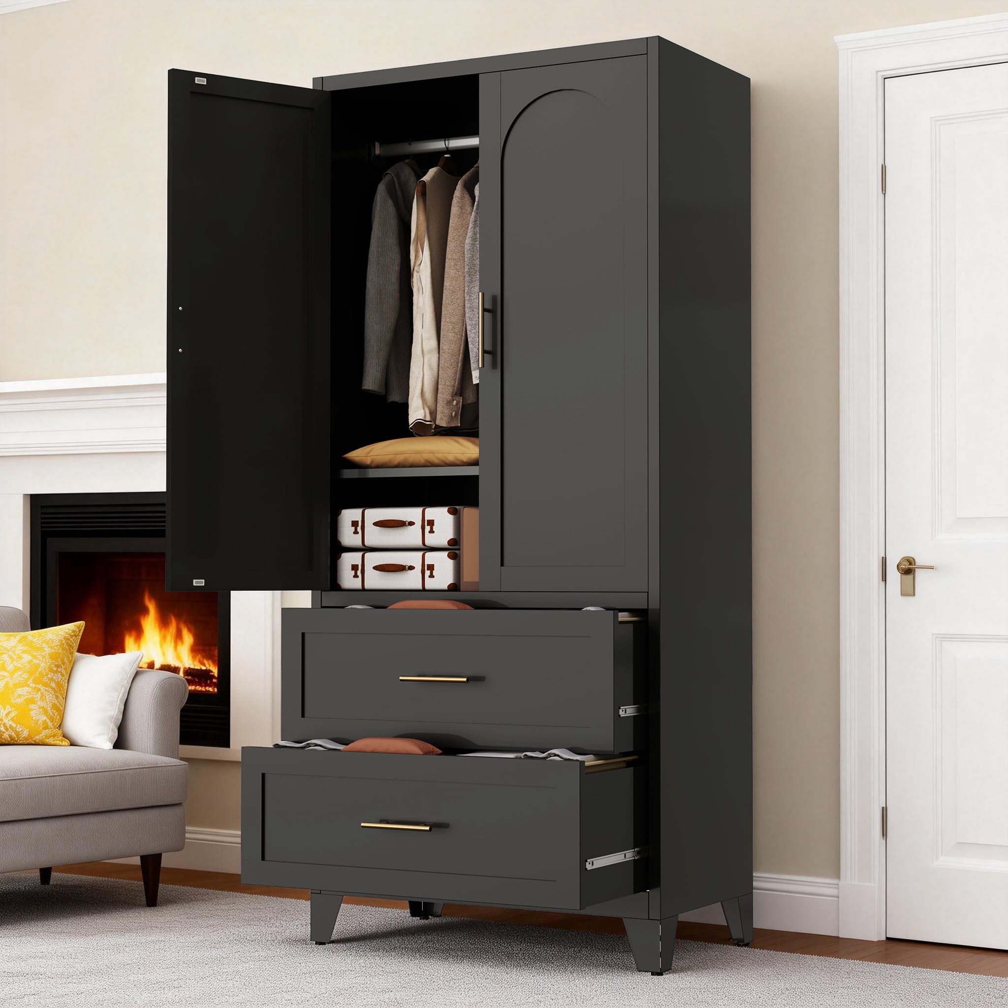Miniyam 71" Tall Metal Wardrobe Cabinet with 2 Drawers & Hanging Rod, 2-Door Storage Closet for Bedroom Office Laundry Room (Black)