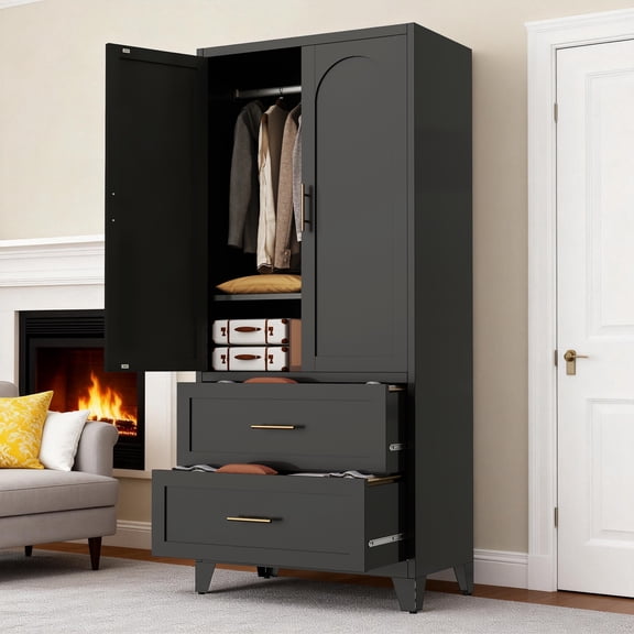 71" Metal Wardrobe Closet with 2 Drawers, Hanging Rod & Adjustable Shelf, Black Storage Cabinet for Bedroom, Entryway, Laundry Room