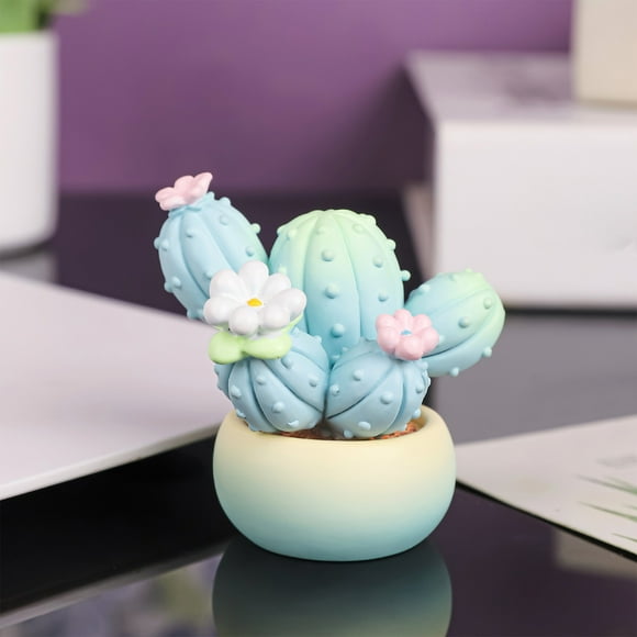Mini Resin Cactus Figurines Miniature Blue Cactus Potted Plants with Colorful Flowers Car Dashboard Decorations Artificial Cacti Plants Statue with Gradient Color Flower Pot Landscapes Bonsai Home