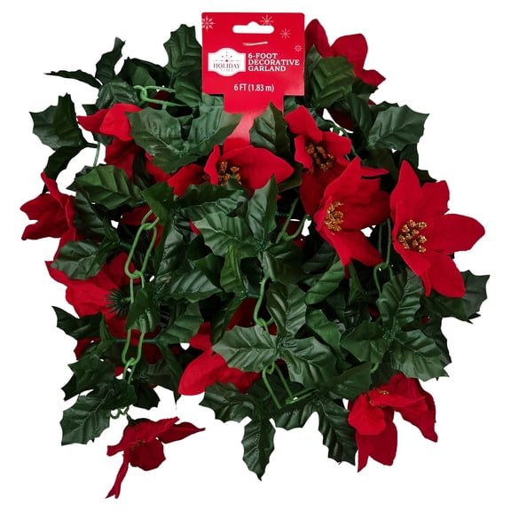 Poinsettia Christmas Garland, Red and Green, 6', by Holiday Time