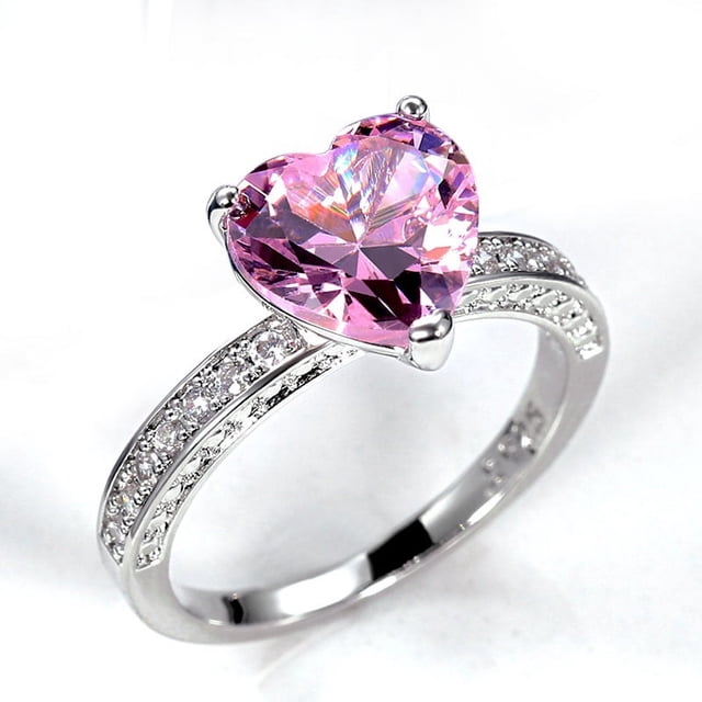 Anillo de bodas con incrustaciones de circonita cúbica de diamante rosa en forma de corazón AAA, joyería de compromiso para mujer