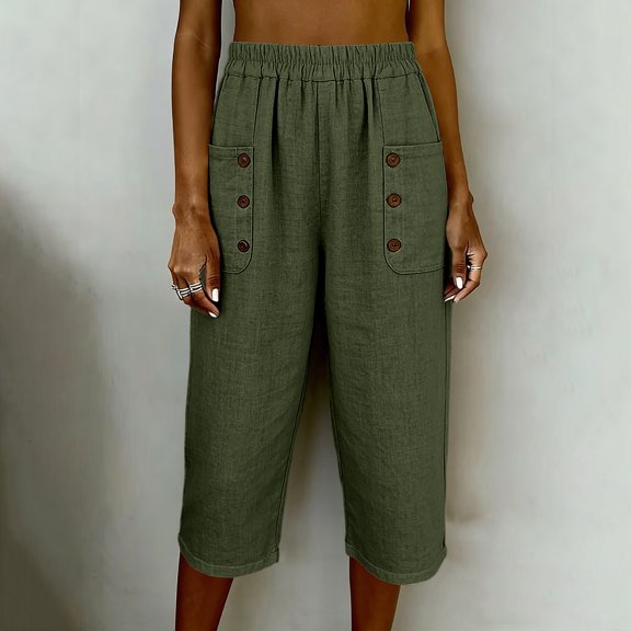 Cagogo Women's Plus Size Capri Pants Cotton Linen Casual Loose Elastic Waist Pants with Pockets Summer Vacation Beach Flowy Trousers Work Lounge Clothes, Army Green S