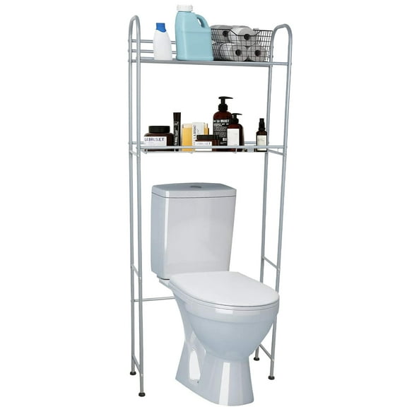 SUSUZI 2 Tier Over The Toilet Rack – 61"H Bathroom Storage Organizer Space Saver Shelf with Deep Basket (Gray, Powder-Coated Steel)
