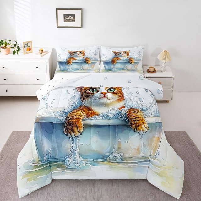 Erosebridal Ensembles de Literie Faune Chat Double avec Couette, Insert de Couette Animal de Dessin Animé, Déco Kawaii, Réversible, 3 Pcs