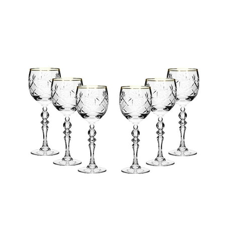 Set of 6 Vintage Russian Crystal Wine Goblets with Gold Rim
