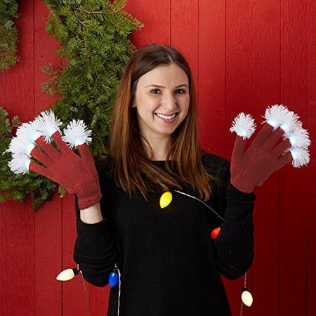 Two's Company Hot Red Flashing Pom Pom Fingertip Knit Gloves