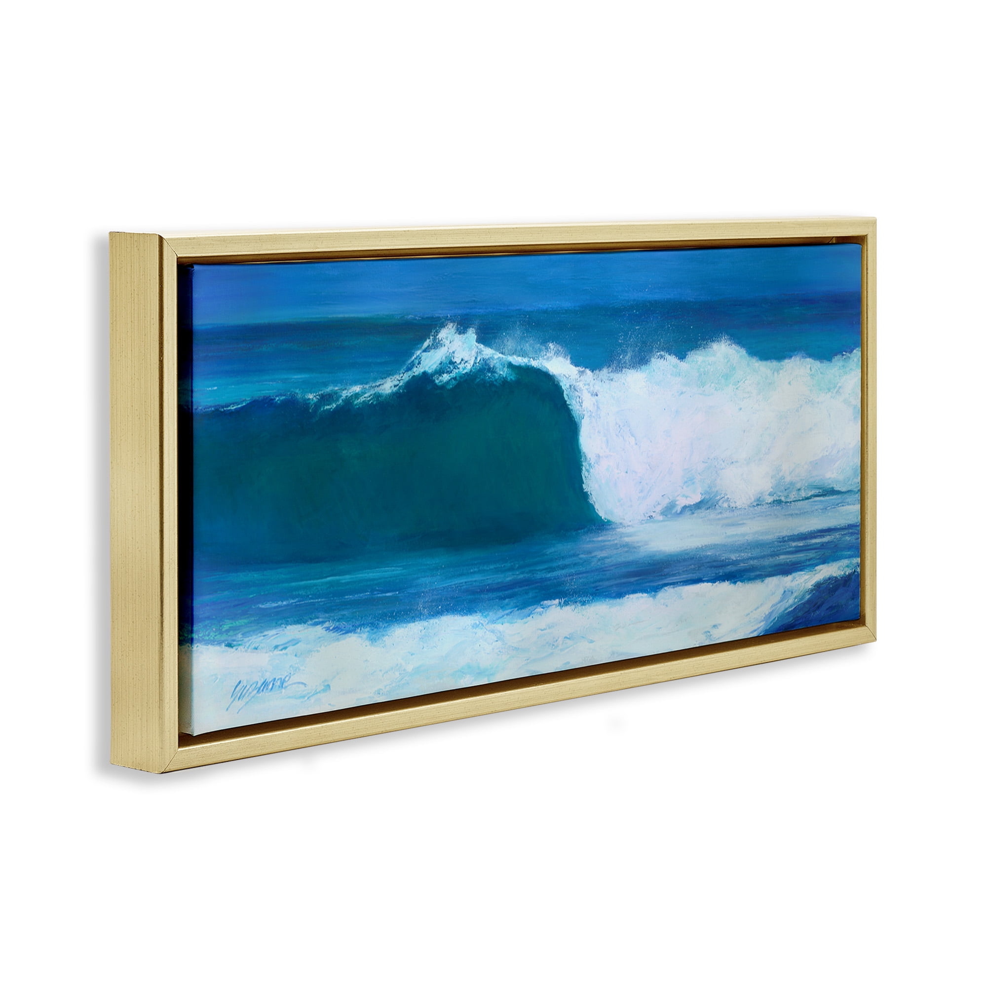 Stupell Industries Crested Beach Wave Nature Painting Gold Floater Framed Canvas Art Print Wall Art, 25 x 11