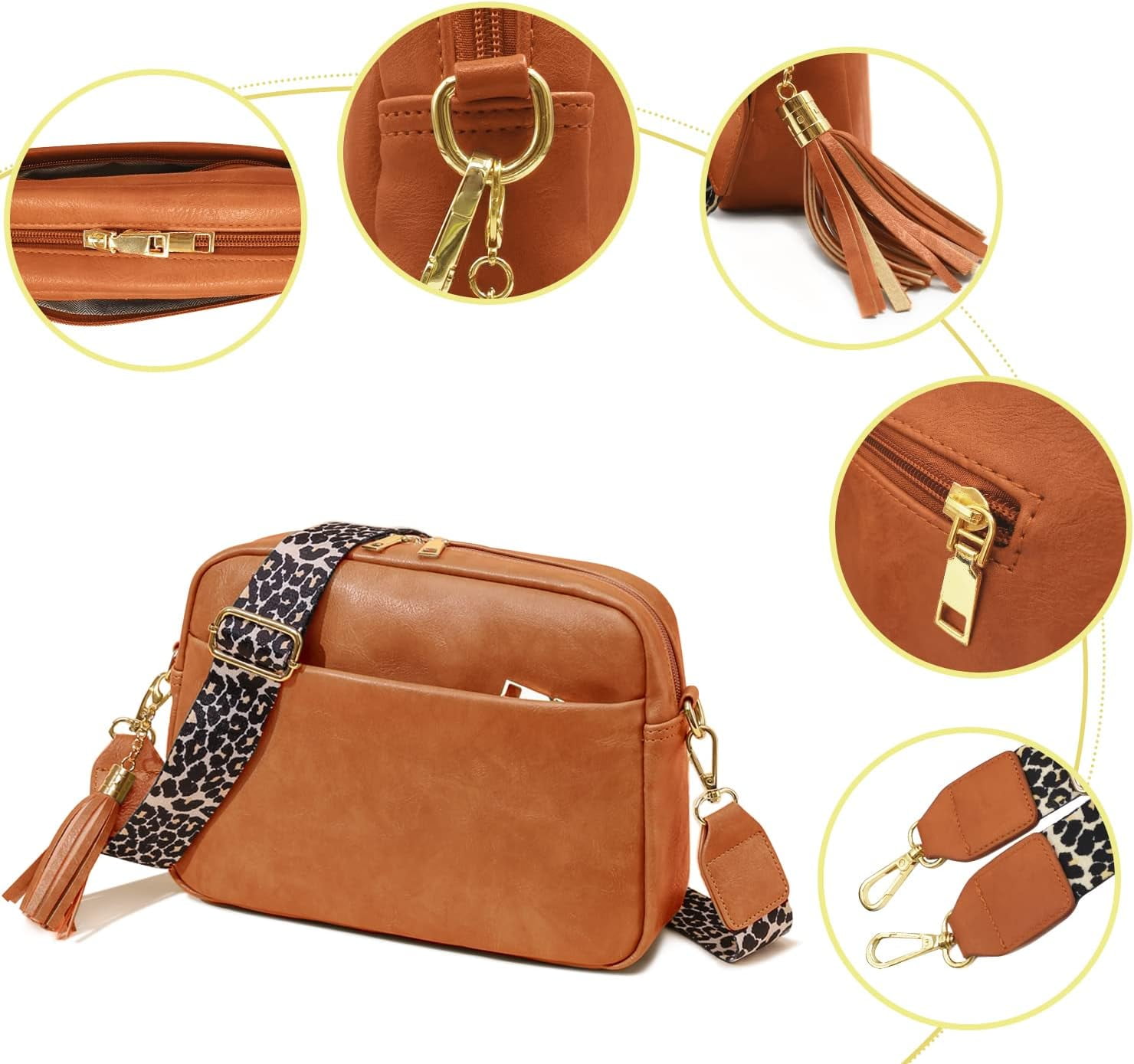 Crossbody Bag for Women Vegan Leather Shoulder Purse with Leopard Adjustable Strap Midsize Zipped Handbag