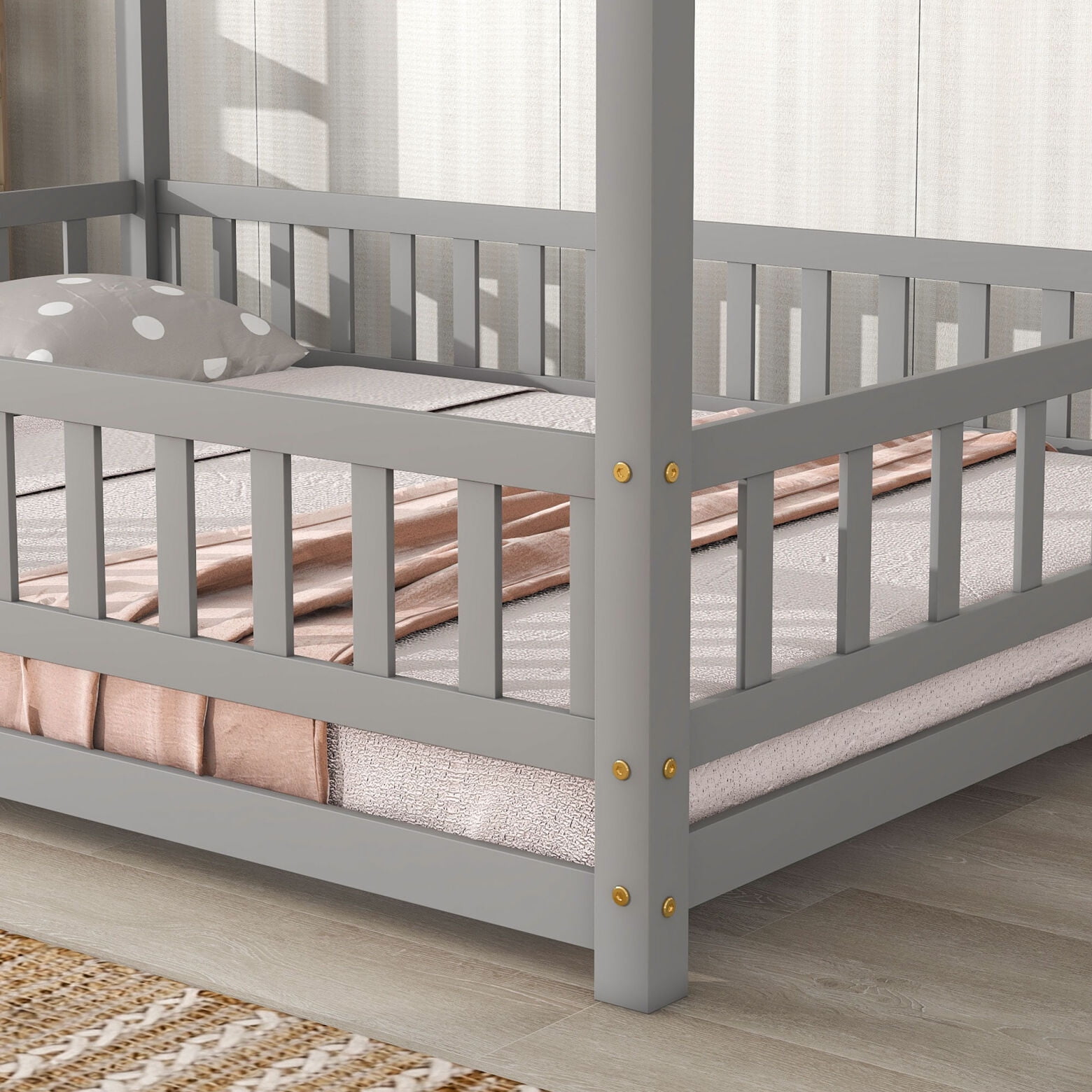 Full Size Floor Bed Frame with Roof for Kids, Wooden Montessori Bed with Fence Guardrails, Low Platform Playhouse Bed for Boys and Girls, No Slats Included, Gray