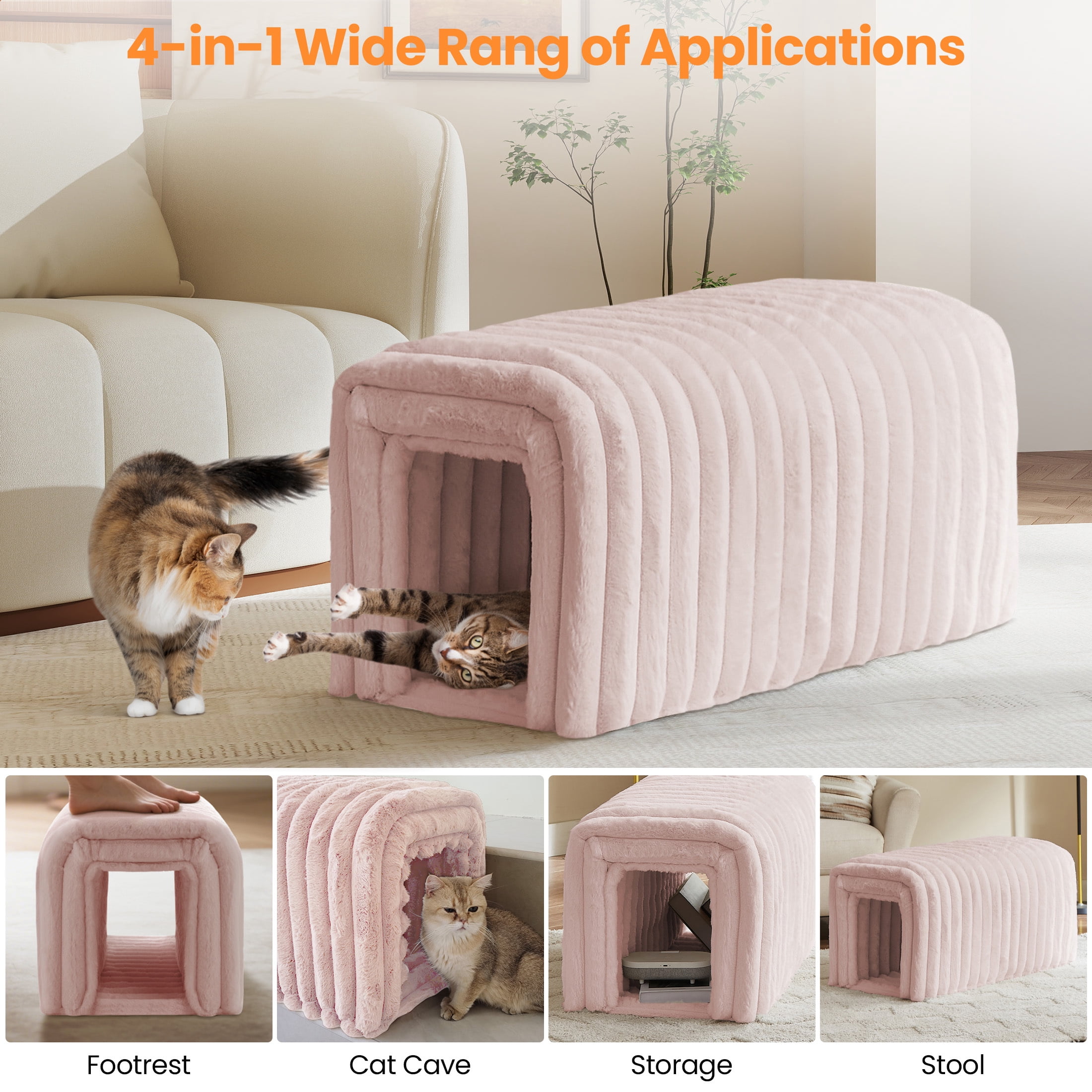 AENKYO Storage Ottoman Bench with Cat Hideaway, Plush Upholstered Footrest Seat with Hidden Compartment, Pink