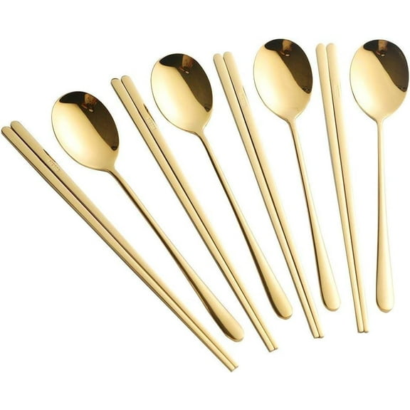 Buyer Star 4 Set Gold Korean Reusable Metal Stainless Steel Chopsticks Spoon Set
