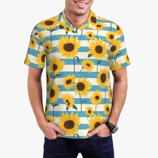 Fotbe White Blue Striped Sunflower Pattern Men’s Golf Polo Shirt – Breathable Performance Golf Shirt with Button-Down Collar-Small