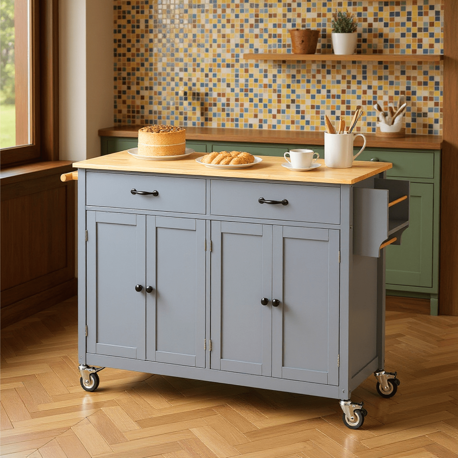 Homy Casa Kitchen Serving Cart with Storage, Large Drawer, Wood Top & Wheels, Mobile Kitchen Island
