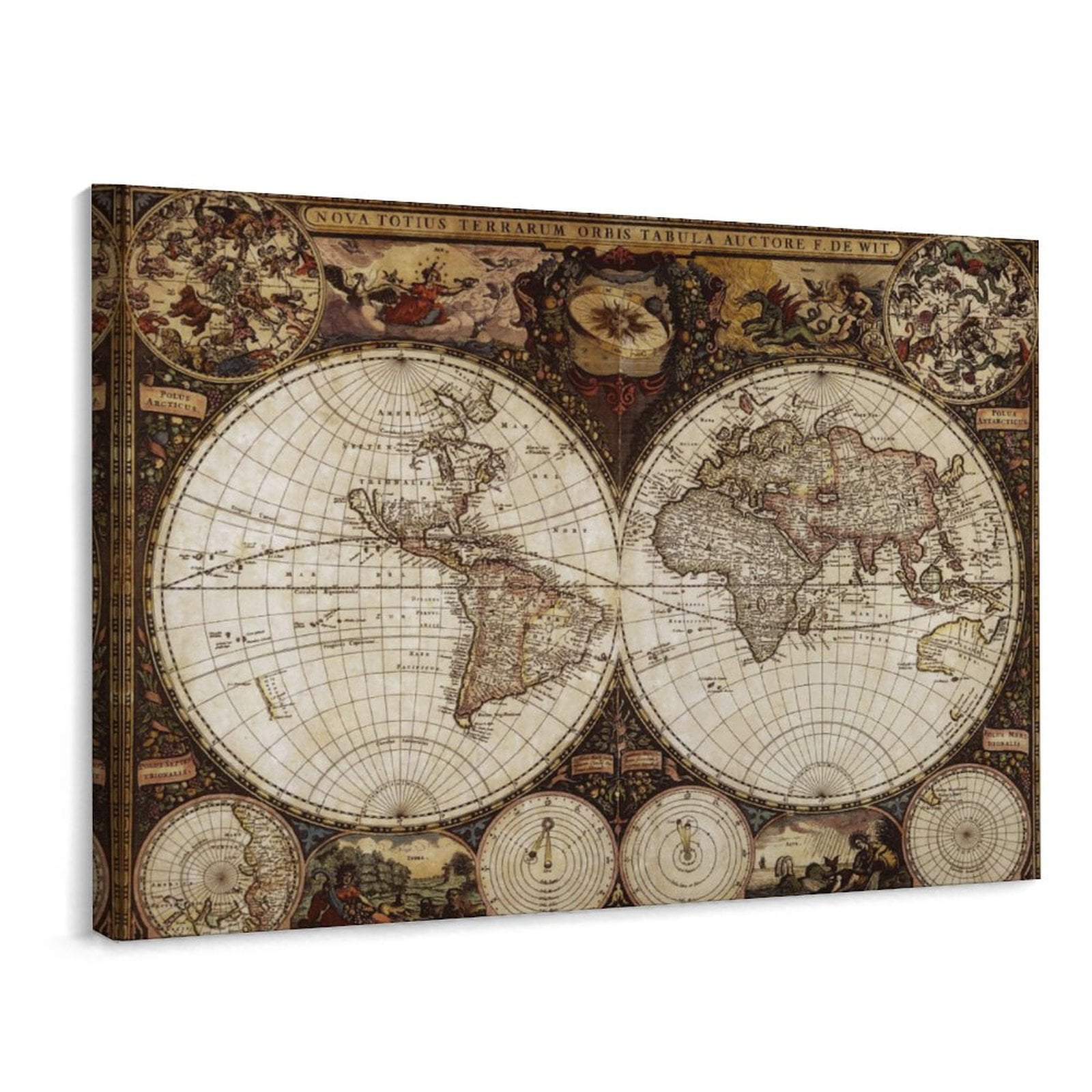 Retro World Map Canvas Wall Art With Framed, Horizontal Version Modern 