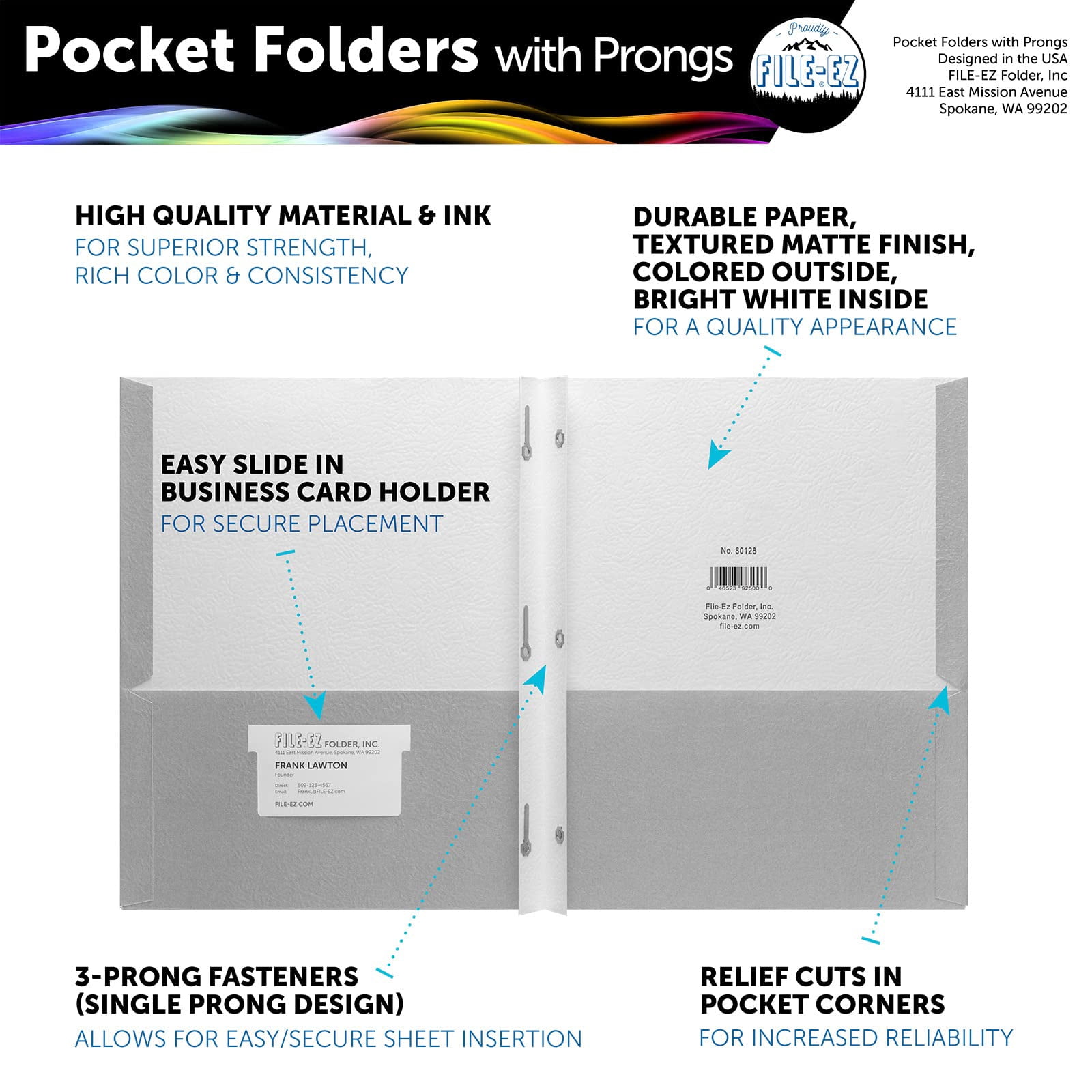 FILE-EZ Two-Pocket Folders with 3-Prong Fasteners, Gray Color, 25-Pack, Durable Textured Paper, Matte Finish, Letter Sheet Size (EZ-62530)