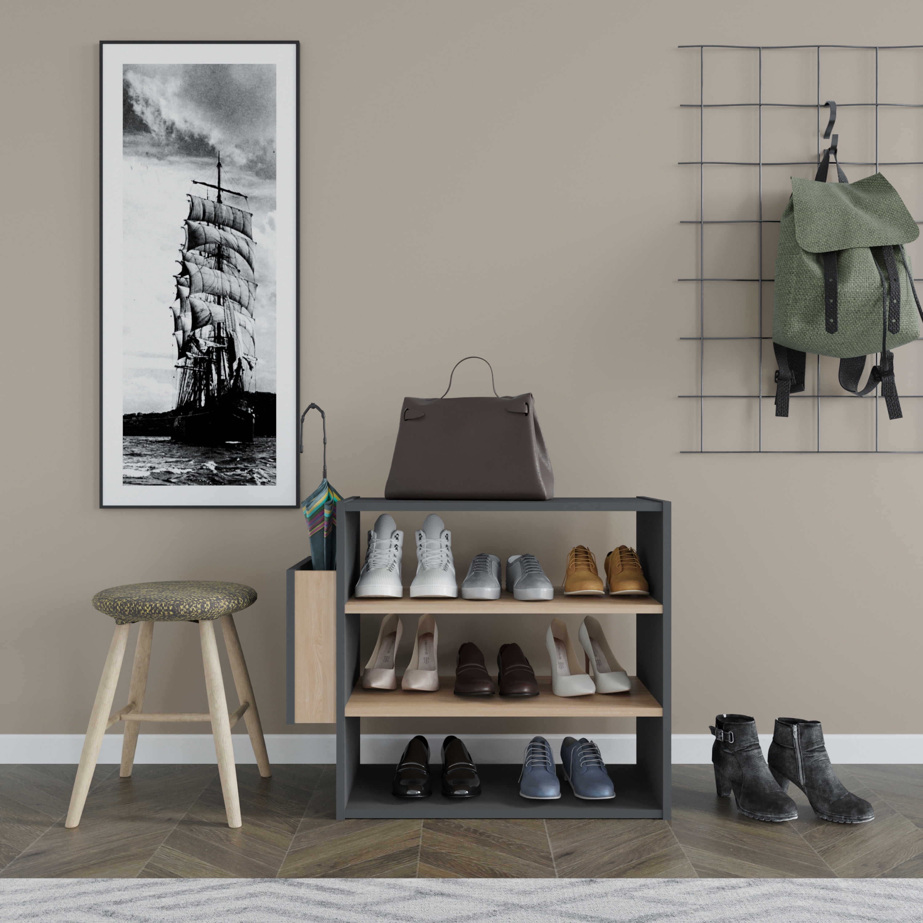 Ada Home Decor Furniture 3 Tier 9 Pair Anthracite Oak Manila Modern Shoe Rack