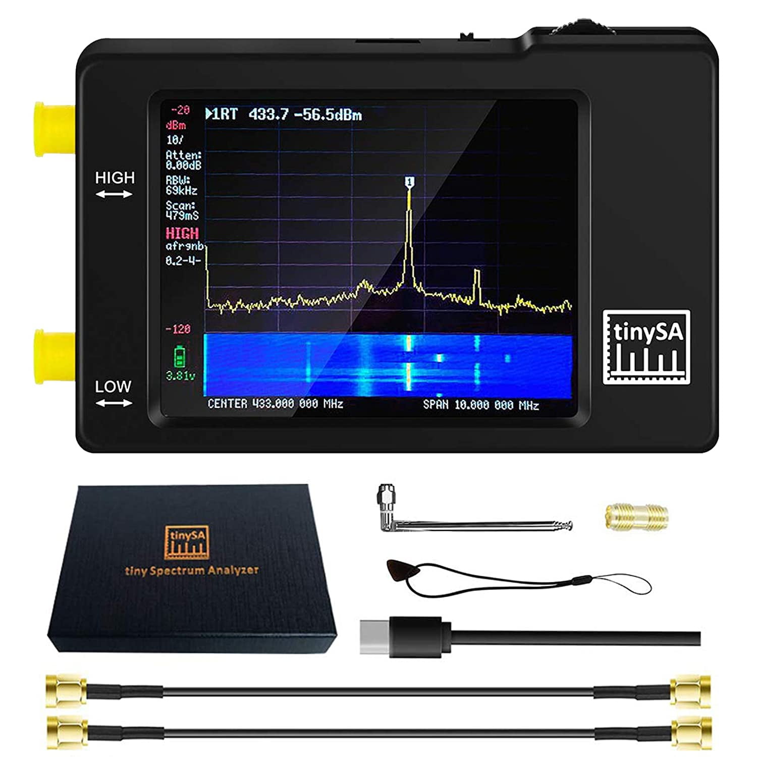 Portable TinySA Spectrum Analyzer, Allead Handheld Tiny Frequency Analyzer 100kHz to 960MHz MF