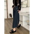 thumbnail image 4 of Retro long denim skirt for women high waist A-line pocket button suspenders Korean style fashionable denim mid-length skirt for street girls-Blue-XL, 4 of 7