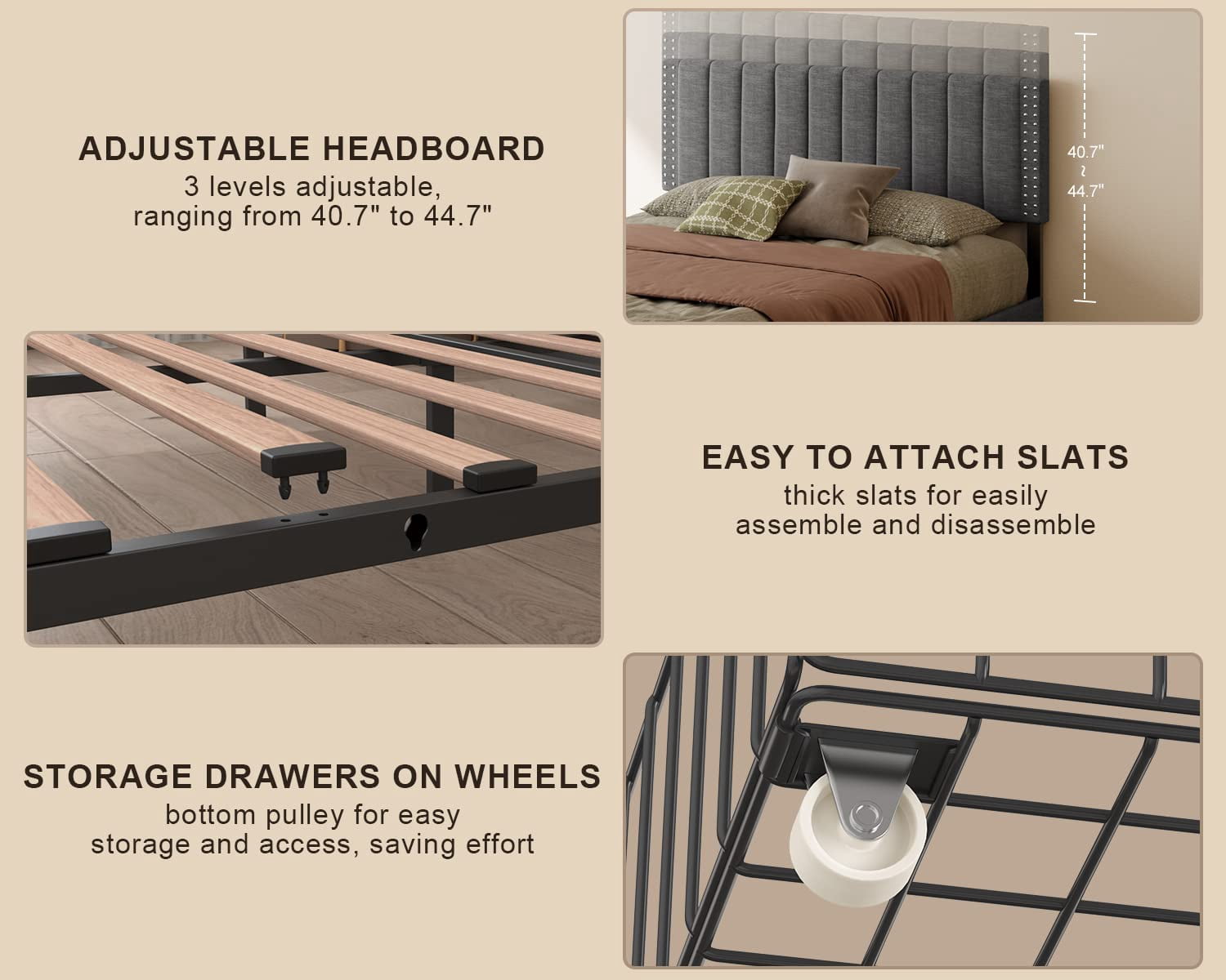 Lofka Full Bed Frame with 4 Drawers(Wheeled) and Adjustable Headboard Platform Bed Dark Grey