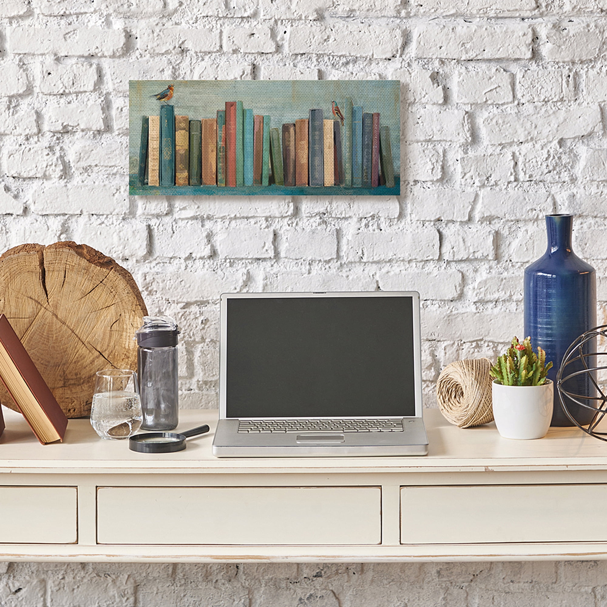 Stupell Home Décor Books and Birds Green Blue Textured Painting Canvas Wall Art by Main Line Studio