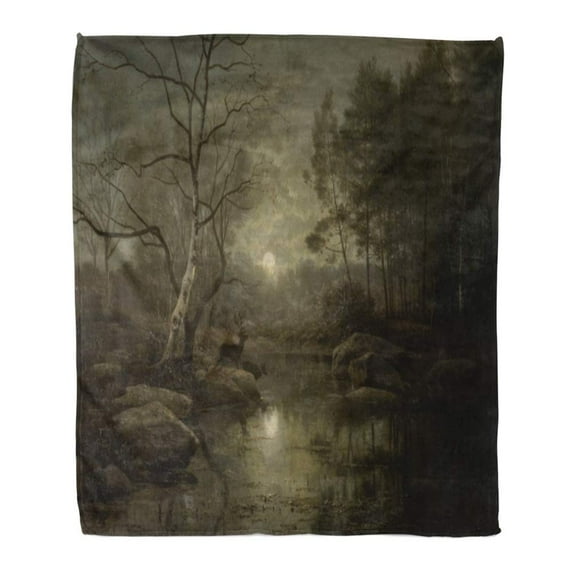 ASHLEIGH Throw Blanket Warm Cozy Print Flannel Forest Landscape in The Moonlight by Georg Eduard Otto Saal 1861 Dutch Painting Comfortable Soft for Bed Sofa and Couch 50x60 Inches