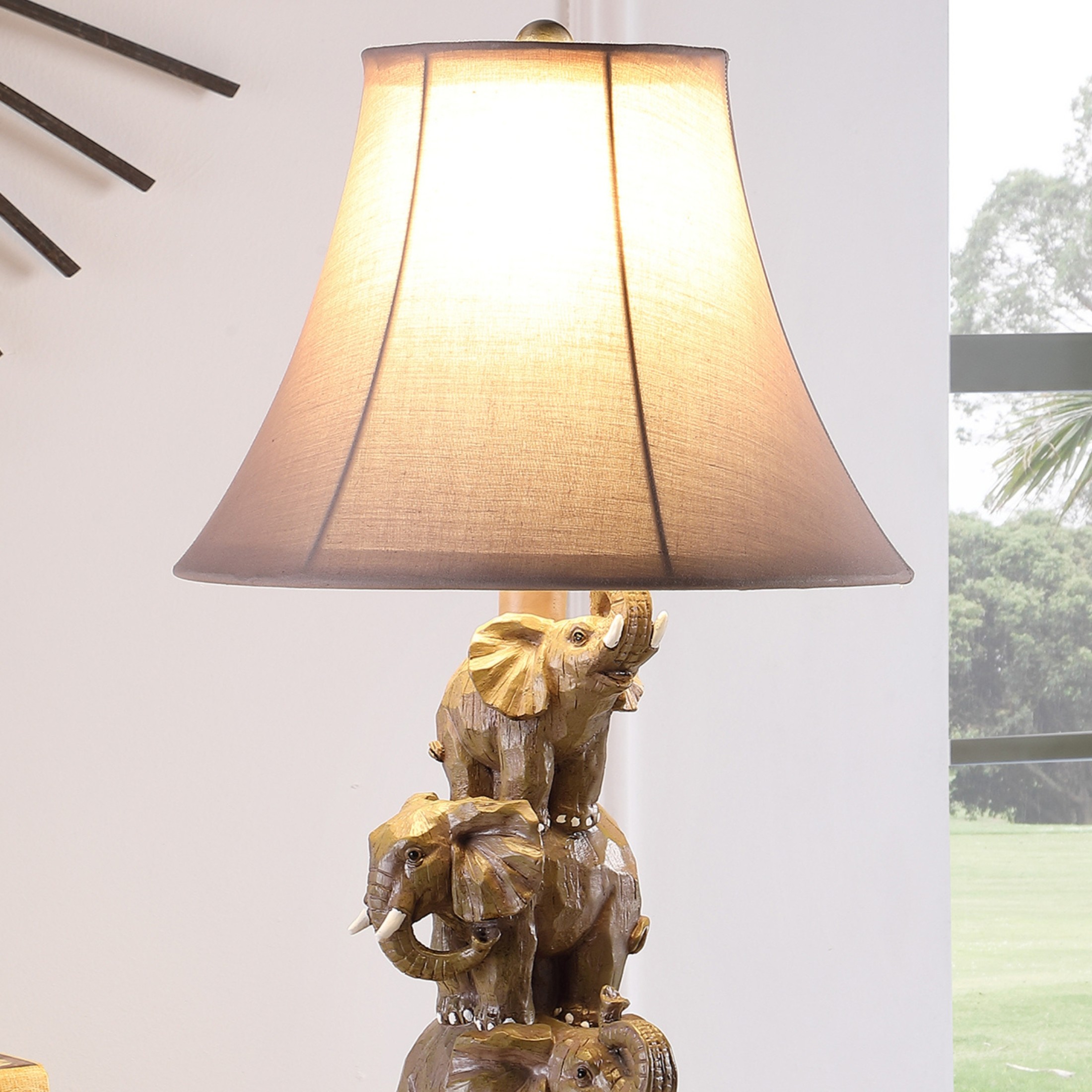 Noble House 21" Wildlife Stacked Elephants Table Lamp, Polyresin Figurine, Cocoa Brown Bell Shade, E26 Bulb, Brown Grey