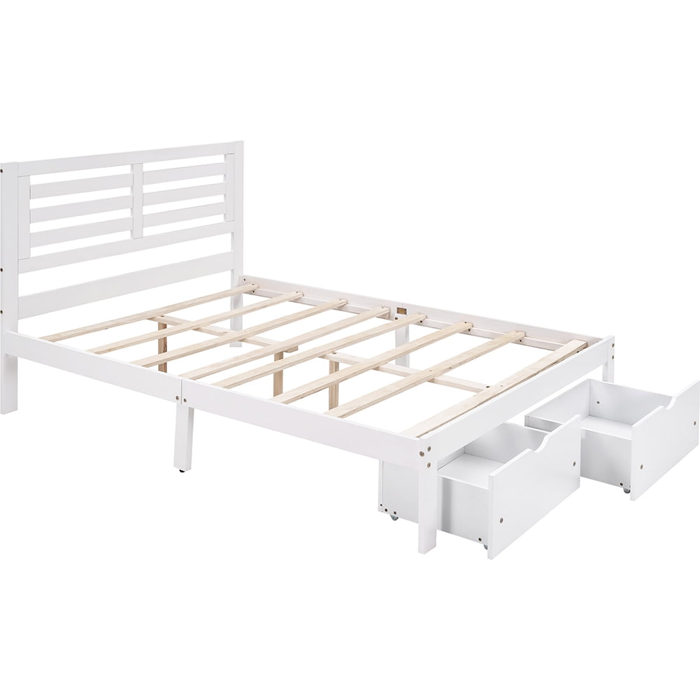 Wooden Full Size Platform Bed Frame with Drawer, Modern Platform Bed with Headboard