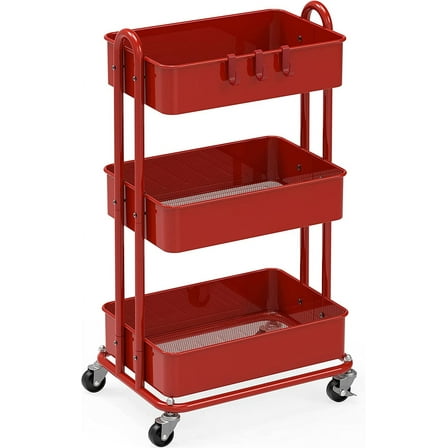 3-Tier Heavy Duty Metal Utility Rolling Cart, Red